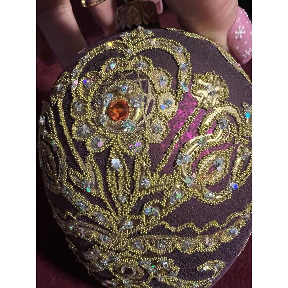 Burgundy & Gold Parzenica Christmas Glass Ornament Hand Decorated with Jewel 5” - Picture 6 of 12